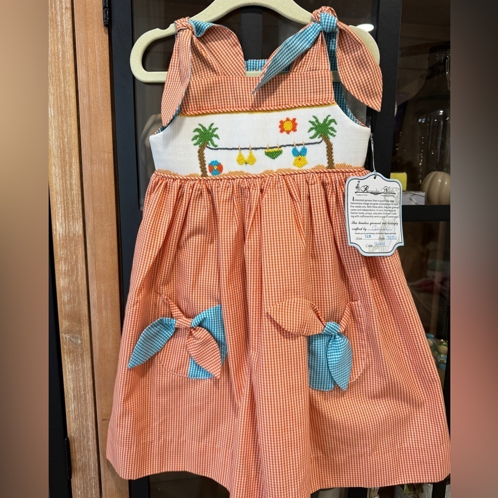 Remember Nguyen smocked dress bows toddler girl gingham palm trees beach vintage